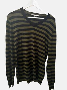 MR TURK Merino Wool Sweater Green Black Striped Size M Men's Designer Knit